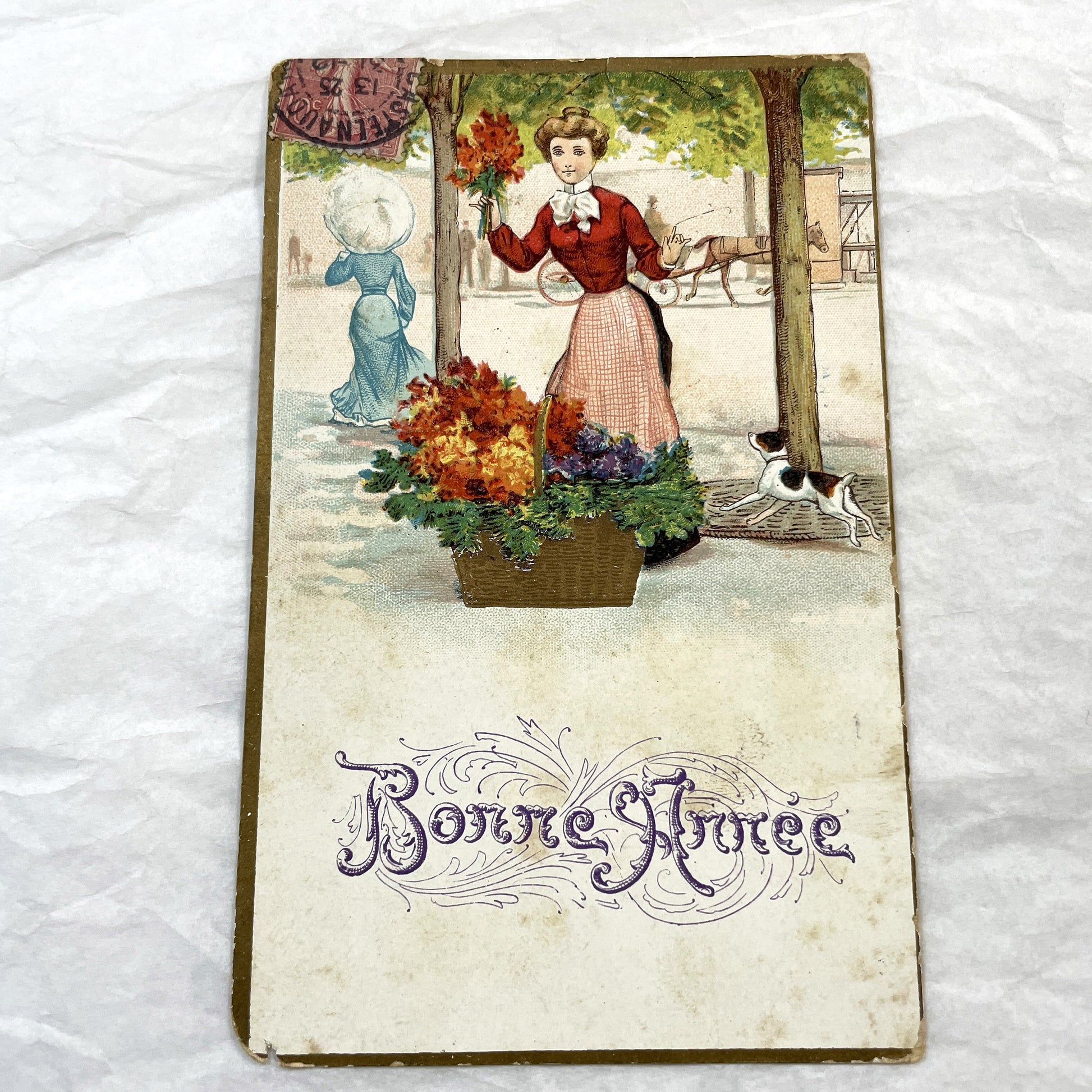 1900s - Vintage French New Year Postcard - Elegant Lady Flower Seller in City Park with Dog and Horse - Antique Ephemera Collectible