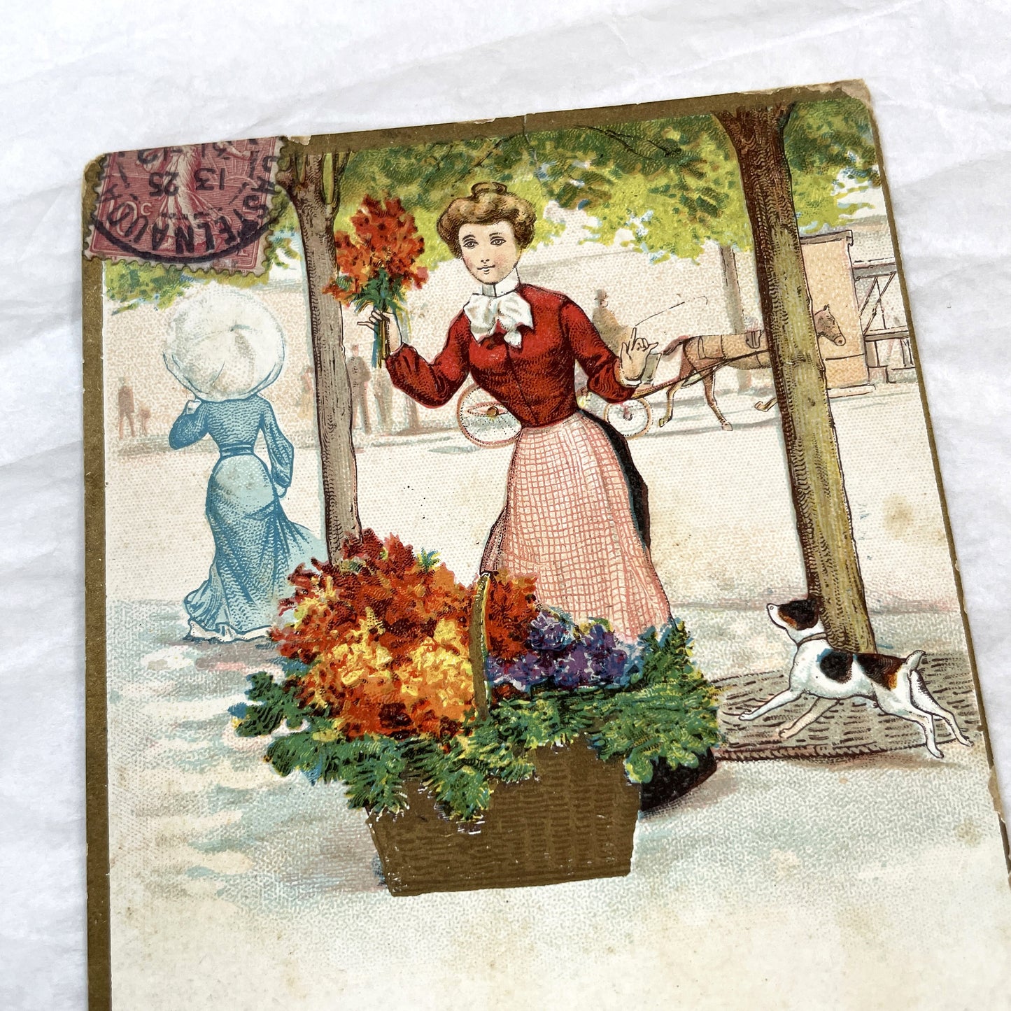 1900s - Vintage French New Year Postcard - Elegant Lady Flower Seller in City Park with Dog and Horse - Antique Ephemera Collectible