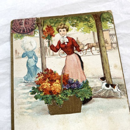 1900s - Vintage French New Year Postcard - Elegant Lady Flower Seller in City Park with Dog and Horse - Antique Ephemera Collectible
