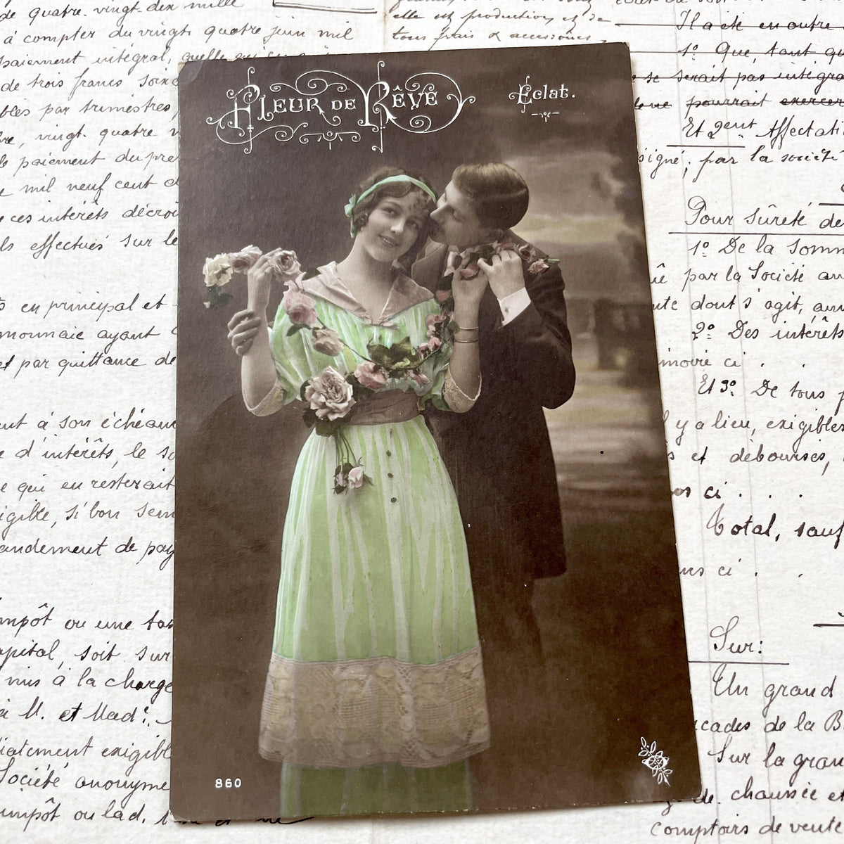 1910s - Antique Postcard - Romantic Hand-Tinted Couple - 'Fleur De Rêve' Series - Vintage Valentine - Edwardian Era Charm - Collectible Art