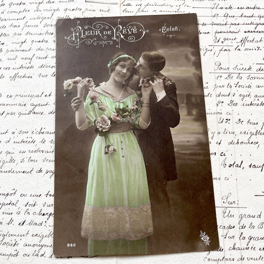 1910s - Antique Postcard - Romantic Hand-Tinted Couple - 'Fleur De Rêve' Series - Vintage Valentine - Edwardian Era Charm - Collectible Art