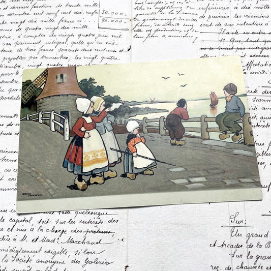 1910s - Vintage Dutch Rural Windmill Postcard - Ethel Parkinson Children In Clogs - Canal Scene - Hand Colored Antique Ephemera Collectible