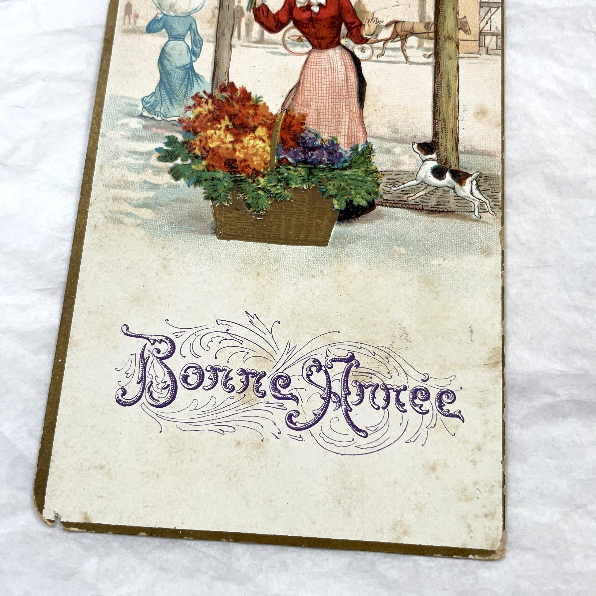 1900s - Vintage French New Year Postcard - Elegant Lady Flower Seller in City Park with Dog and Horse - Antique Ephemera Collectible