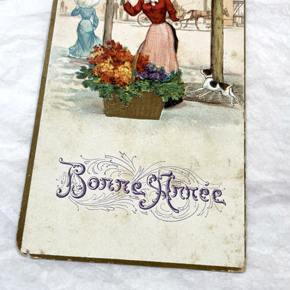 1900s - Vintage French New Year Postcard - Elegant Lady Flower Seller in City Park with Dog and Horse - Antique Ephemera Collectible