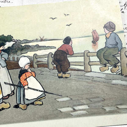 1910s - Vintage Dutch Rural Windmill Postcard - Ethel Parkinson Children In Clogs - Canal Scene - Hand Colored Antique Ephemera Collectible