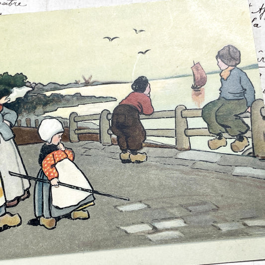 1910s - Vintage Dutch Rural Windmill Postcard - Ethel Parkinson Children In Clogs - Canal Scene - Hand Colored Antique Ephemera Collectible