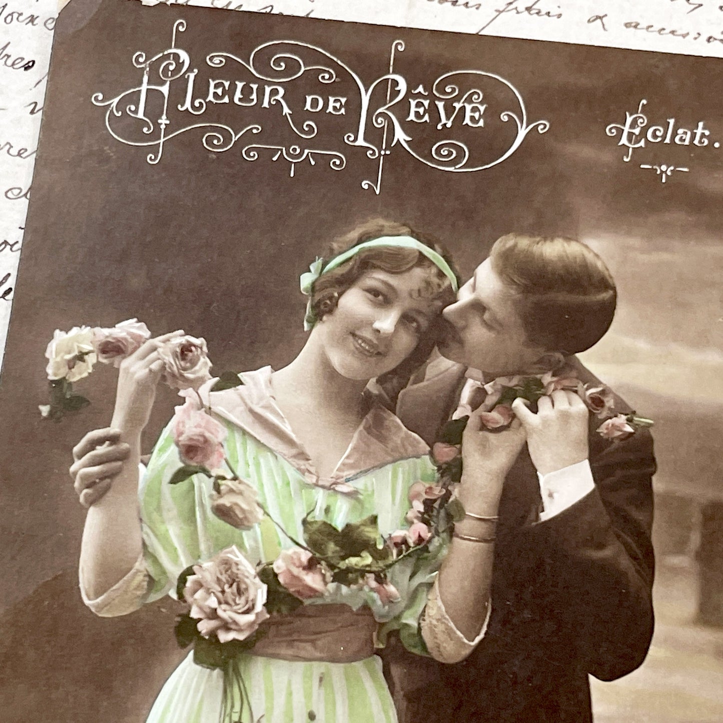 1910s - Antique Postcard - Romantic Hand-Tinted Couple - 'Fleur De Rêve' Series - Vintage Valentine - Edwardian Era Charm - Collectible Art