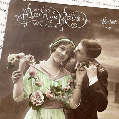 1910s - Antique Postcard - Romantic Hand-Tinted Couple - 'Fleur De Rêve' Series - Vintage Valentine - Edwardian Era Charm - Collectible Art