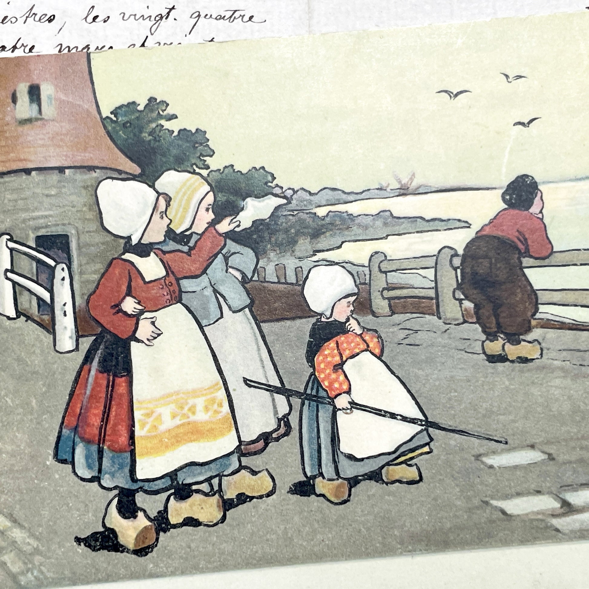 1910s - Vintage Dutch Rural Windmill Postcard - Ethel Parkinson Children In Clogs - Canal Scene - Hand Colored Antique Ephemera Collectible