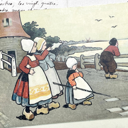 1910s - Vintage Dutch Rural Windmill Postcard - Ethel Parkinson Children In Clogs - Canal Scene - Hand Colored Antique Ephemera Collectible