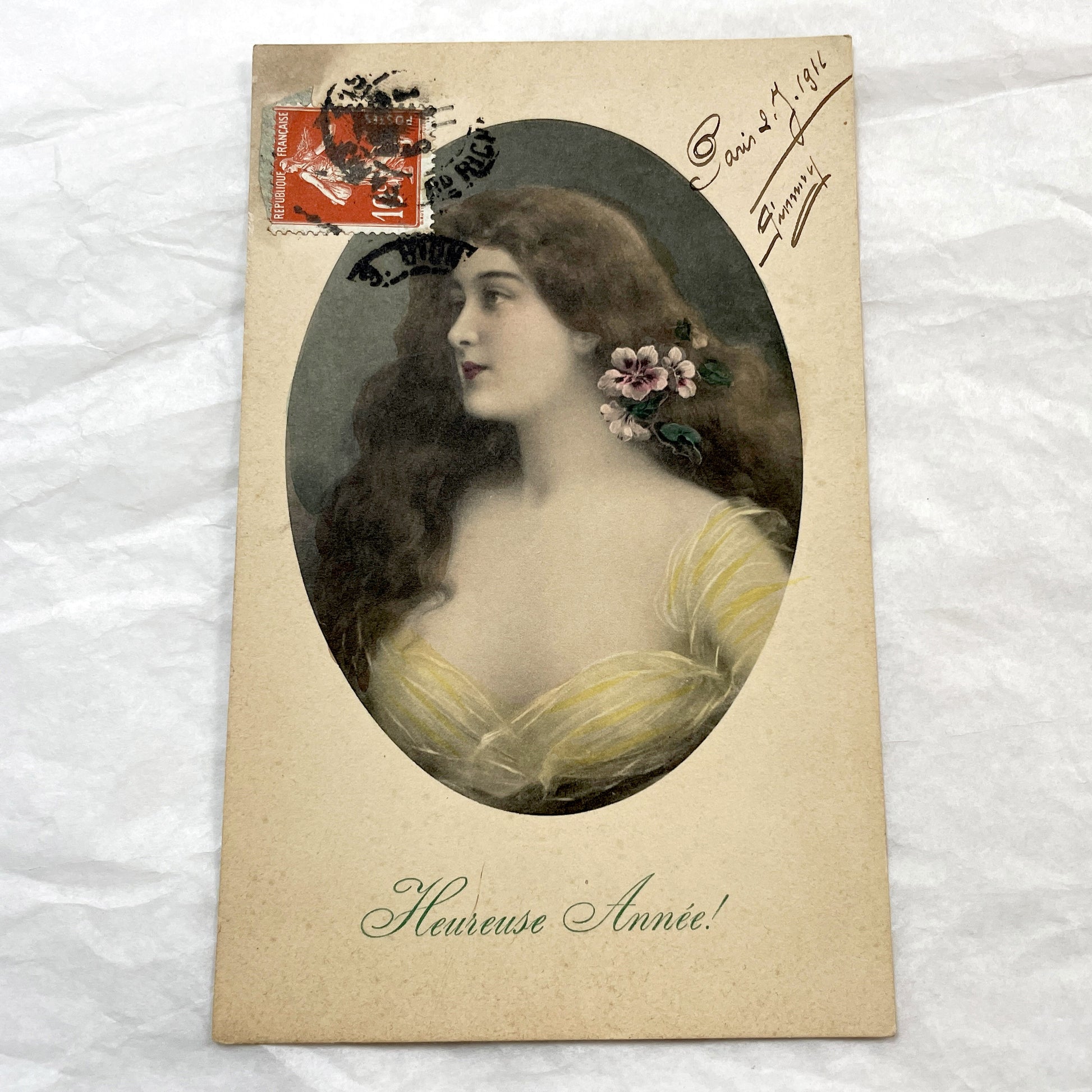 1910s - French Vintage Postcard - Art Nouveau Woman Portrait - Heureuse Année Greeting - Paris January 1911 Mail - Collectible Ephemera