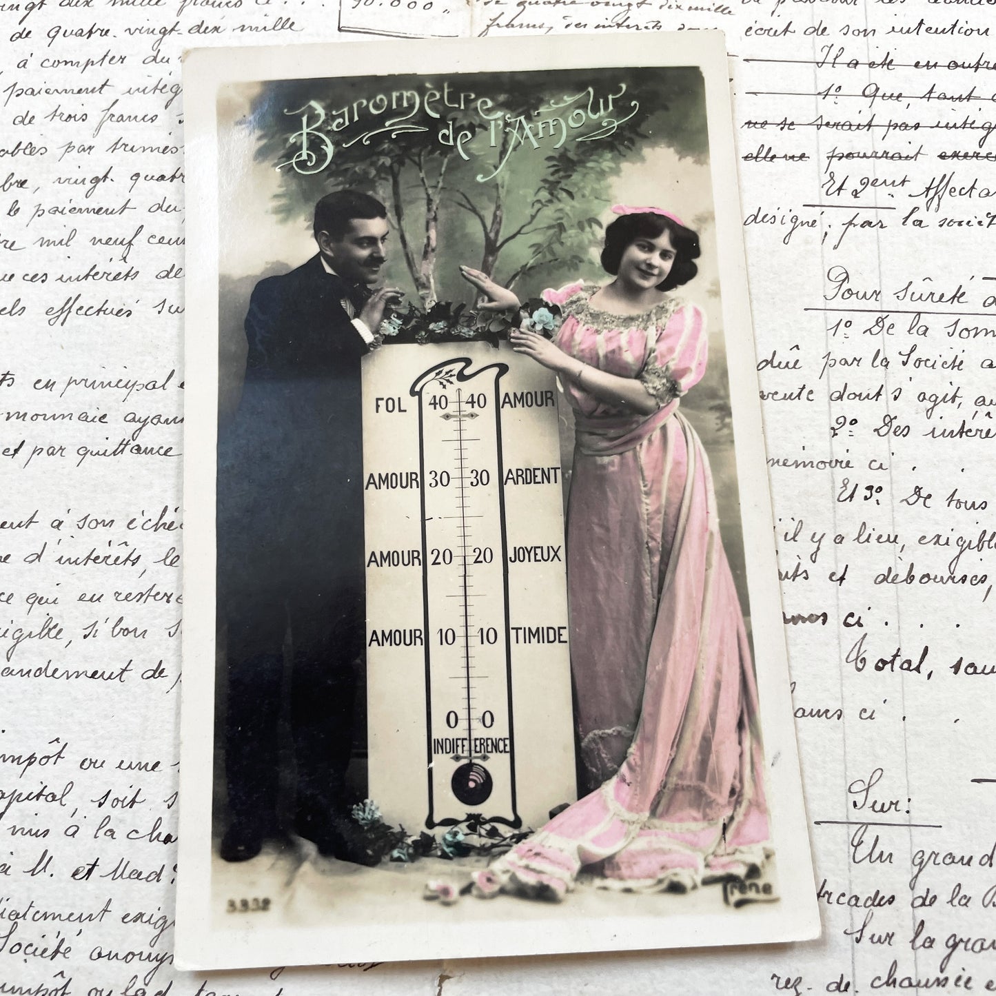 1900s - Vintage French Love Barometer Postcard - Romantic Humorous Antique Collectible Illustration Edwardian Fashion