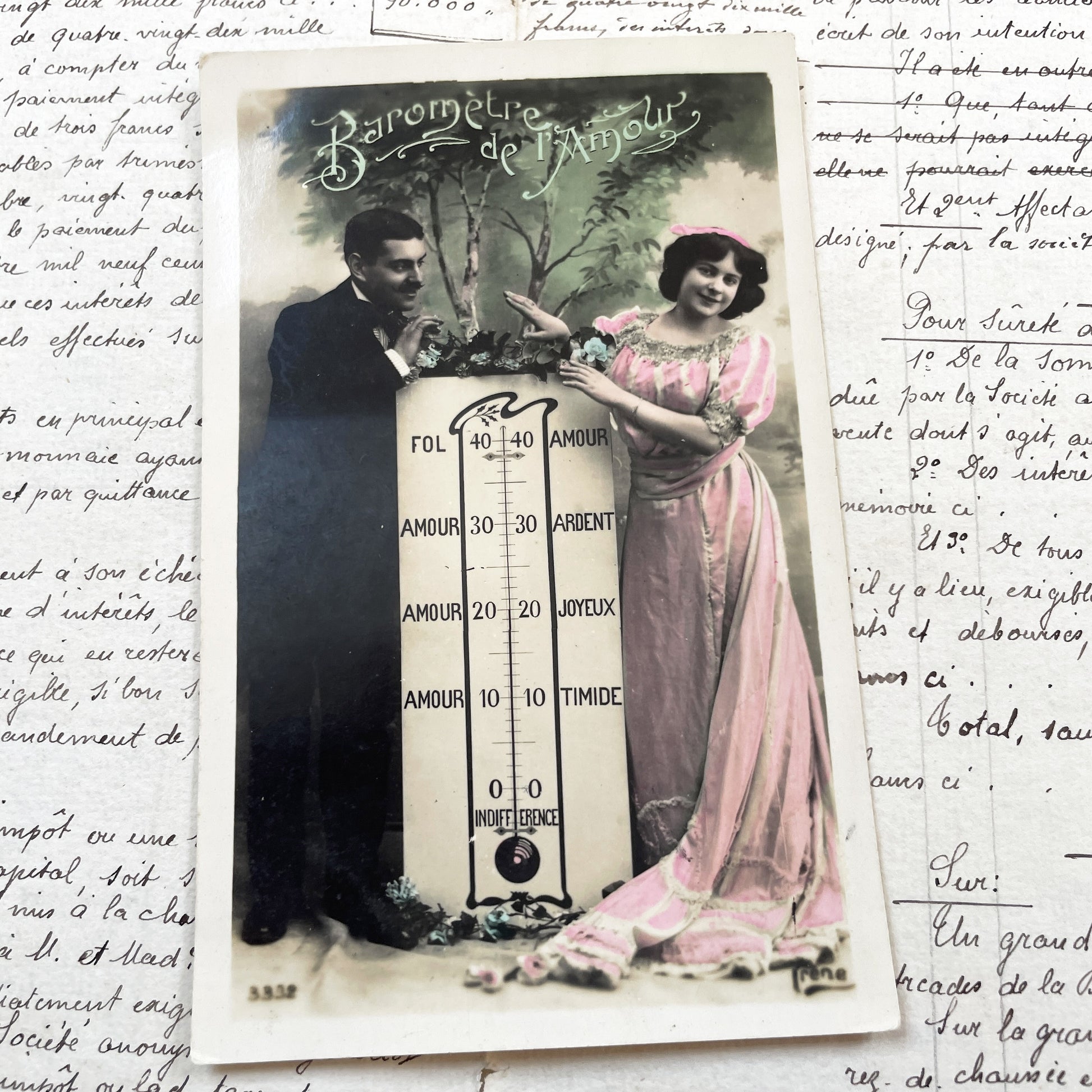 1900s - Vintage French Love Barometer Postcard - Romantic Humorous Antique Collectible Illustration Edwardian Fashion