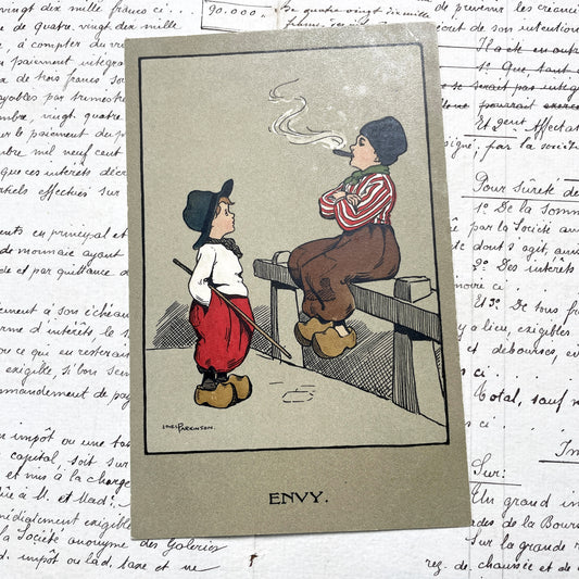 1910s - Vintage Postcard - Envy Cartoon - Children In Clogs - Humorous Dutch Illustration - Ethel Parkinson Art - Collectible Old Card