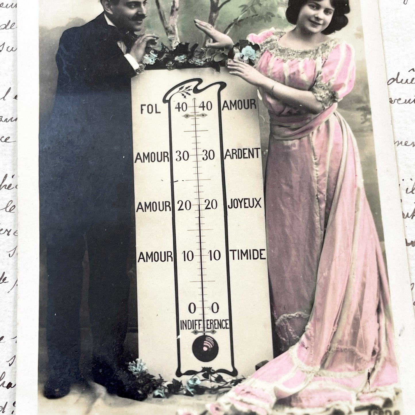 1900s - Vintage French Love Barometer Postcard - Romantic Humorous Antique Collectible Illustration Edwardian Fashion