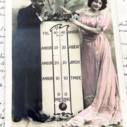 1900s - Vintage French Love Barometer Postcard - Romantic Humorous Antique Collectible Illustration Edwardian Fashion