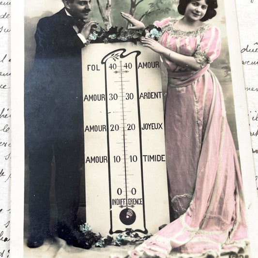1900s - Vintage French Love Barometer Postcard - Romantic Humorous Antique Collectible Illustration Edwardian Fashion