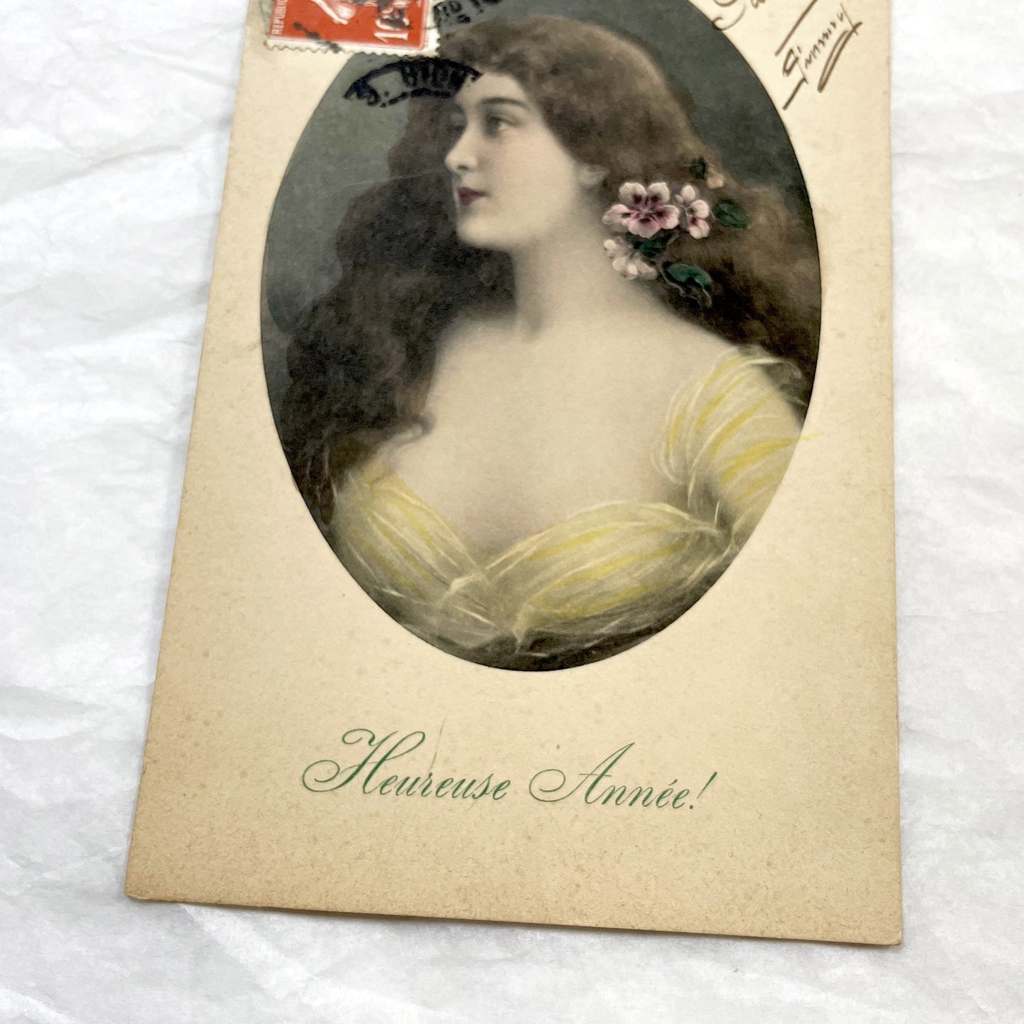 1910s - French Vintage Postcard - Art Nouveau Woman Portrait - Heureuse Année Greeting - Paris January 1911 Mail - Collectible Ephemera