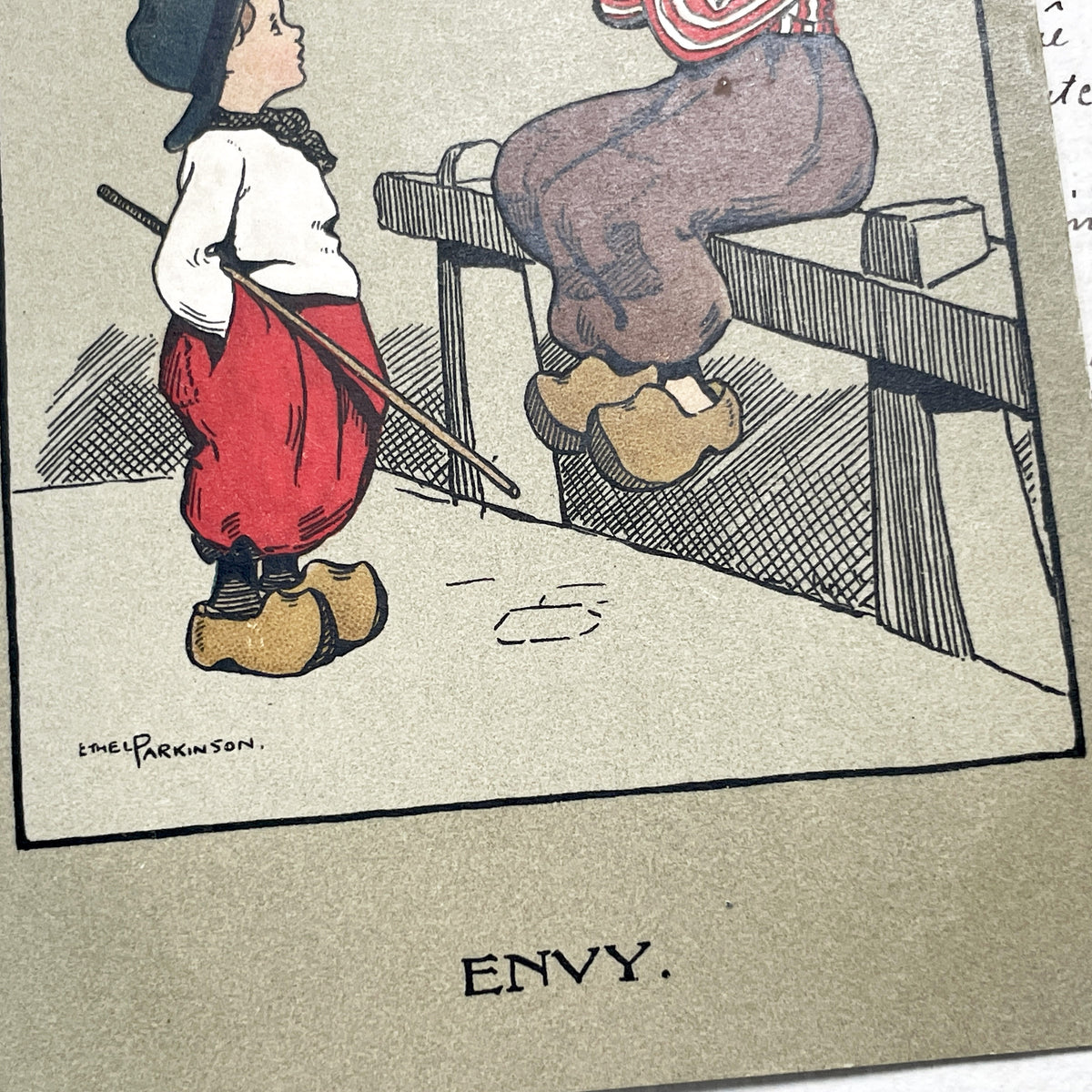 1910s - Vintage Postcard - Envy Cartoon - Children In Clogs - Humorous Dutch Illustration - Ethel Parkinson Art - Collectible Old Card