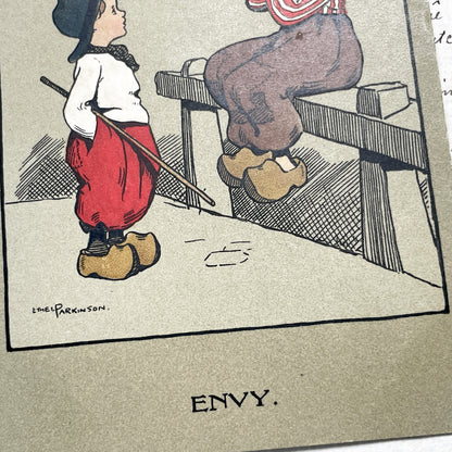 1910s - Vintage Postcard - Envy Cartoon - Children In Clogs - Humorous Dutch Illustration - Ethel Parkinson Art - Collectible Old Card