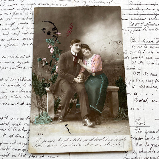 1910s - Vintage Hand-Colored Postcard - Edwardian Couple Portrait - Romantic French Sentiment - Curiat Algeria Photo - Antique Love Ephemera