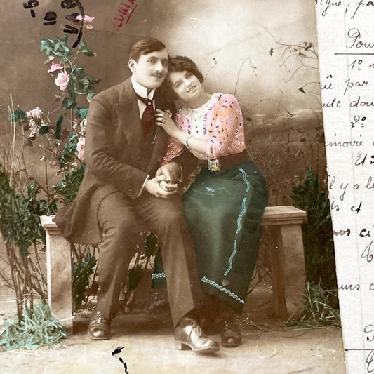 1910s - Vintage Hand-Colored Postcard - Edwardian Couple Portrait - Romantic French Sentiment - Curiat Algeria Photo - Antique Love Ephemera