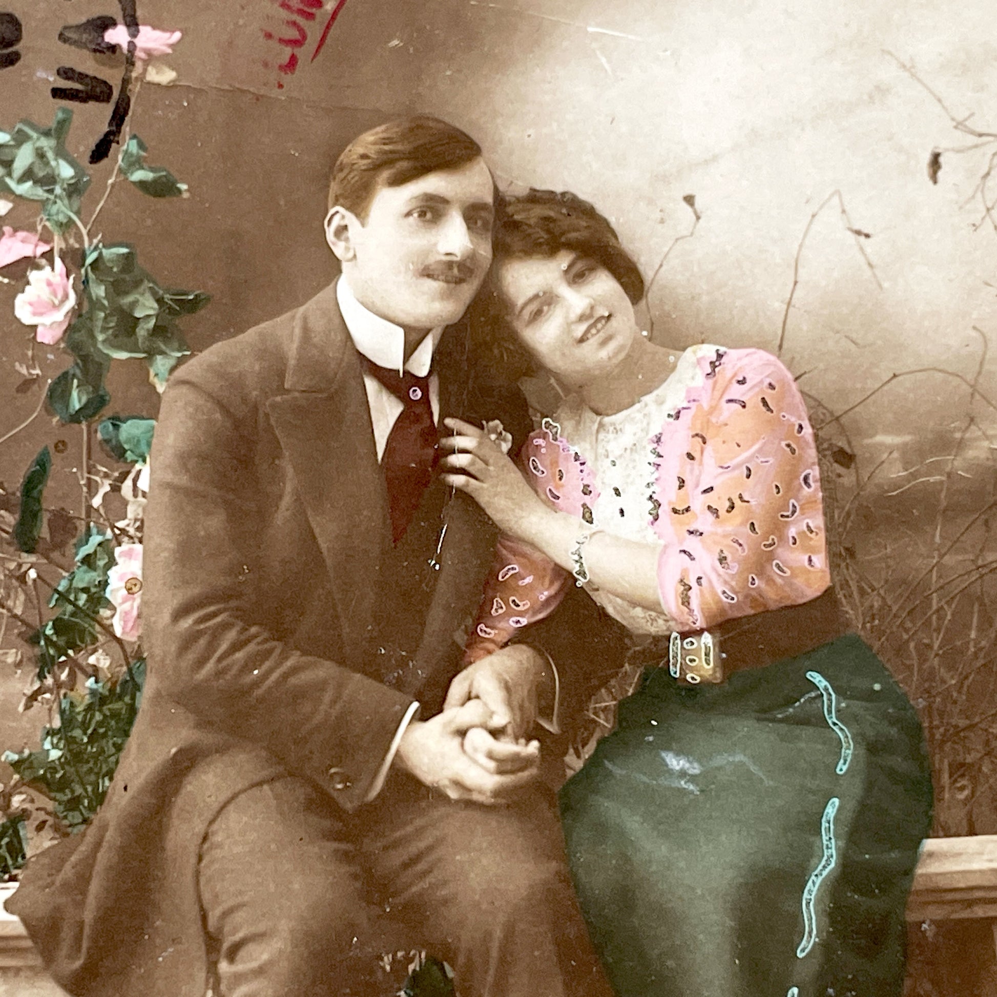 1910s - Vintage Hand-Colored Postcard - Edwardian Couple Portrait - Romantic French Sentiment - Curiat Algeria Photo - Antique Love Ephemera