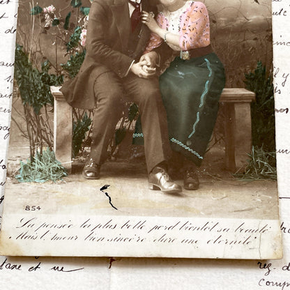 1910s - Vintage Hand-Colored Postcard - Edwardian Couple Portrait - Romantic French Sentiment - Curiat Algeria Photo - Antique Love Ephemera
