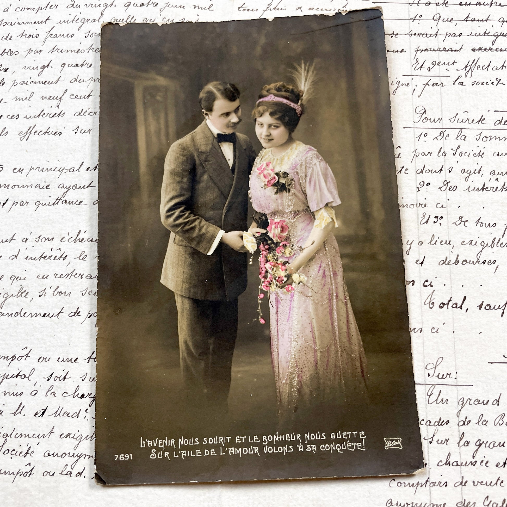 1910s - Vintage French Photo Postcard - Romantic Couple Portrait - Sepia Tone - Edwardian Fashion - Love Quote - Antique Collectible