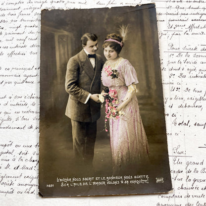 1910s - Vintage French Photo Postcard - Romantic Couple Portrait - Sepia Tone - Edwardian Fashion - Love Quote - Antique Collectible