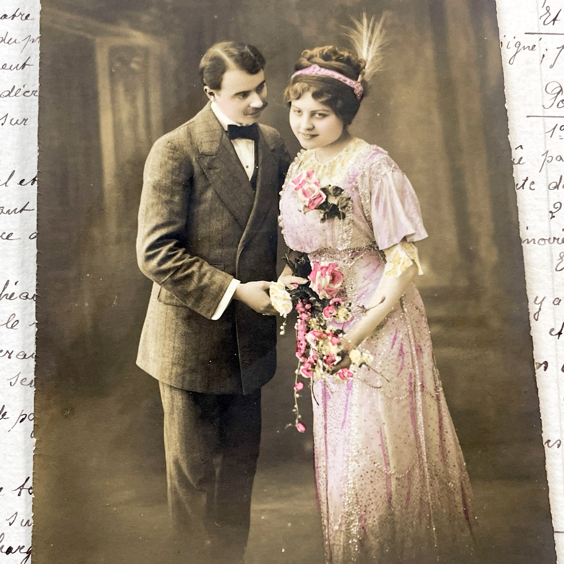 1910s - Vintage French Photo Postcard - Romantic Couple Portrait - Sepia Tone - Edwardian Fashion - Love Quote - Antique Collectible