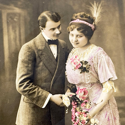 1910s - Vintage French Photo Postcard - Romantic Couple Portrait - Sepia Tone - Edwardian Fashion - Love Quote - Antique Collectible