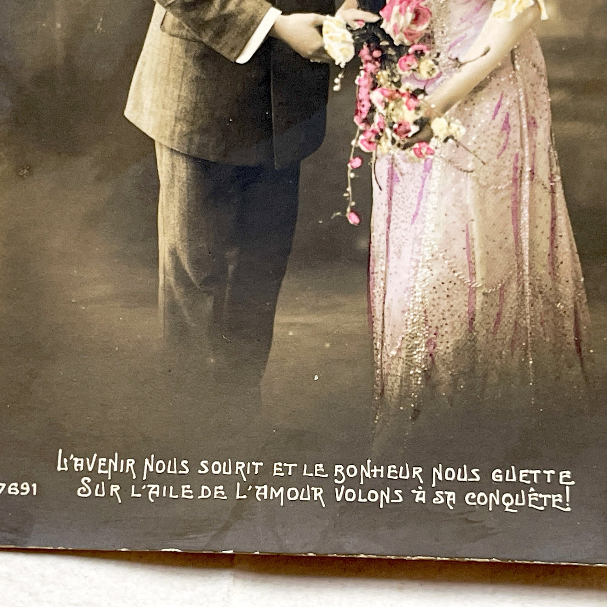 1910s - Vintage French Photo Postcard - Romantic Couple Portrait - Sepia Tone - Edwardian Fashion - Love Quote - Antique Collectible