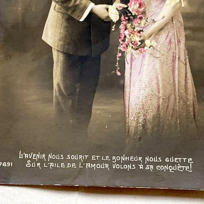 1910s - Vintage French Photo Postcard - Romantic Couple Portrait - Sepia Tone - Edwardian Fashion - Love Quote - Antique Collectible