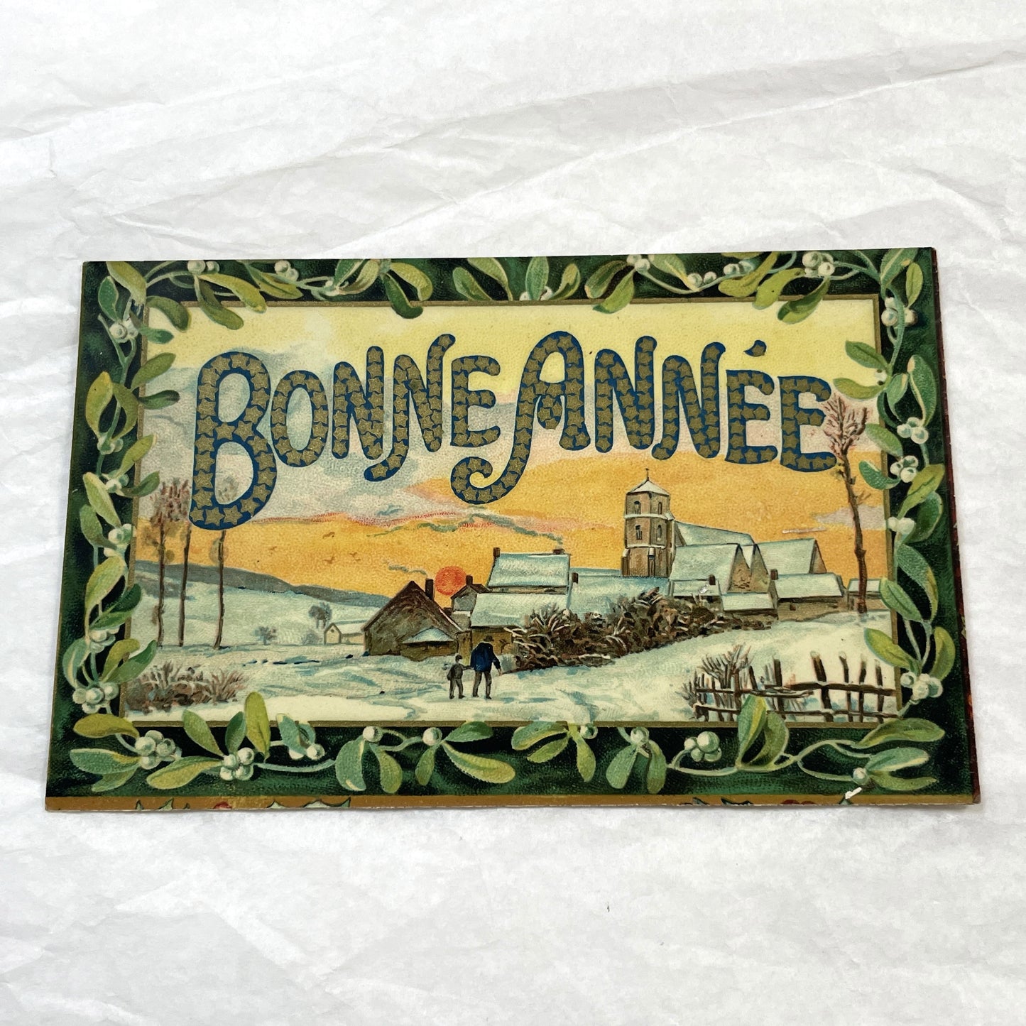 1910s - Vintage French Postcard - Snowy Village New Year Card - Bonne Année Mistletoe Design - Classic Winter Scene Art