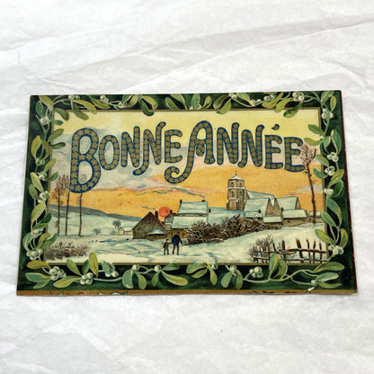 1910s - Vintage French Postcard - Snowy Village New Year Card - Bonne Année Mistletoe Design - Classic Winter Scene Art