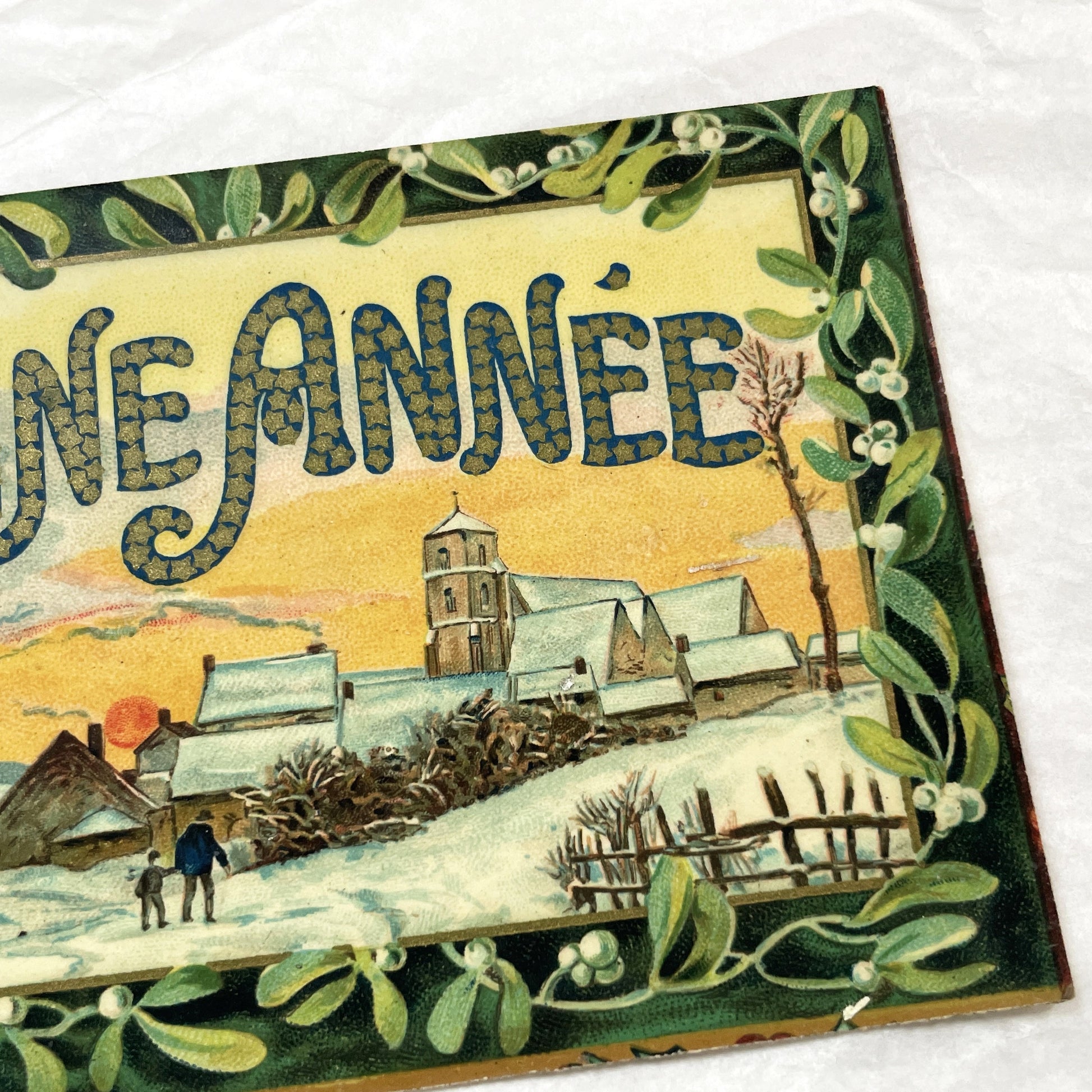 1910s - Vintage French Postcard - Snowy Village New Year Card - Bonne Année Mistletoe Design - Classic Winter Scene Art