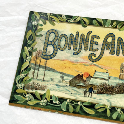 1910s - Vintage French Postcard - Snowy Village New Year Card - Bonne Année Mistletoe Design - Classic Winter Scene Art