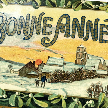 1910s - Vintage French Postcard - Snowy Village New Year Card - Bonne Année Mistletoe Design - Classic Winter Scene Art