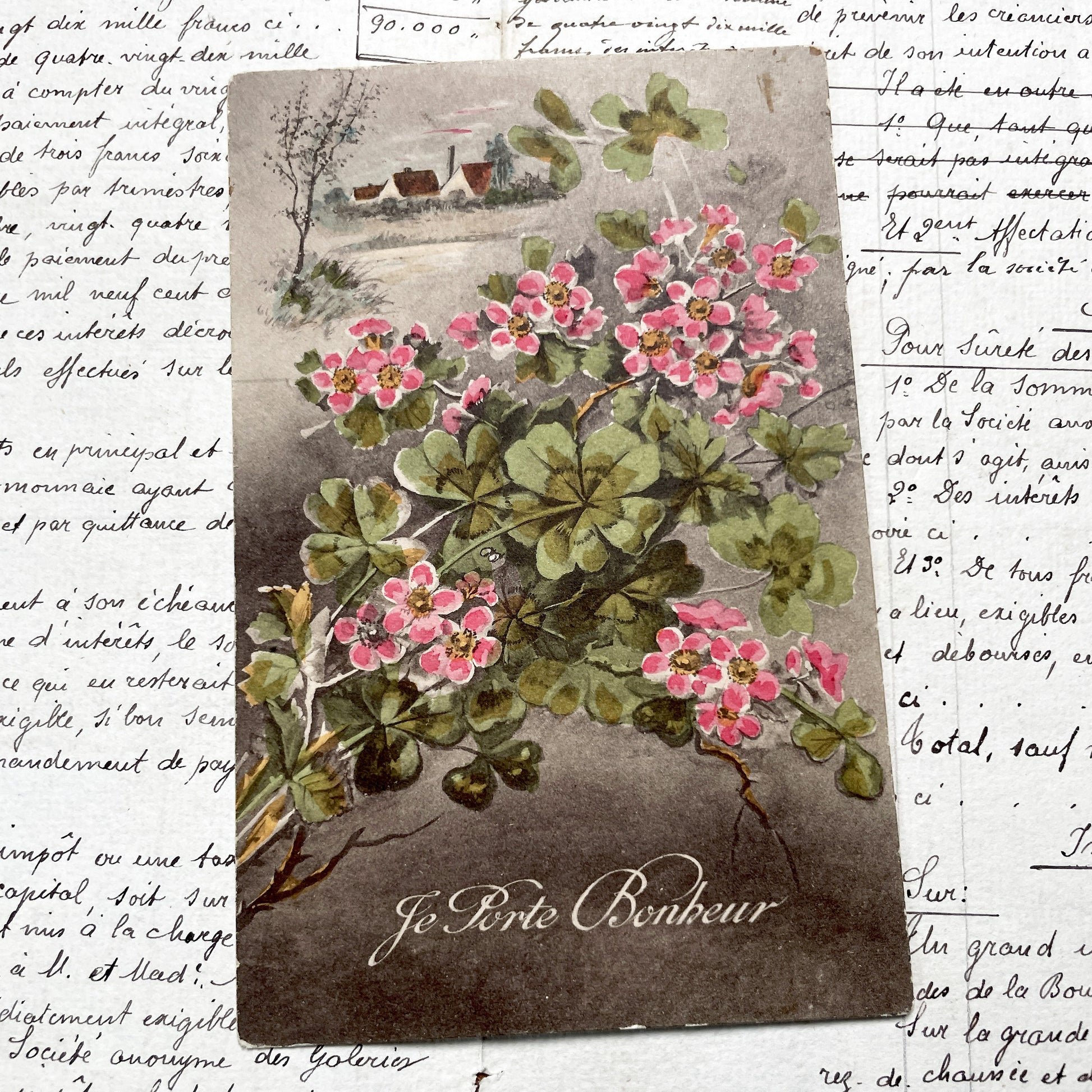 1900s - Antique French Postcard - Je Porte Bonheur Lucky Clover Pink Flowers Vintage Illustration Art Nouveau Era Good Luck Collectible.