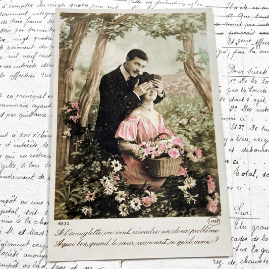 1910s - French Colored Photo Postcard - Edwardian Couple Guess Who Love Scene - Romantic Vintage Ephemera Collectible Art Print