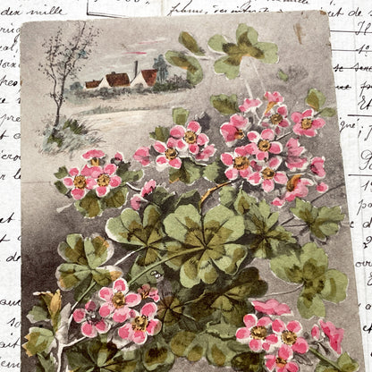 1900s - Antique French Postcard - Je Porte Bonheur Lucky Clover Pink Flowers Vintage Illustration Art Nouveau Era Good Luck Collectible.