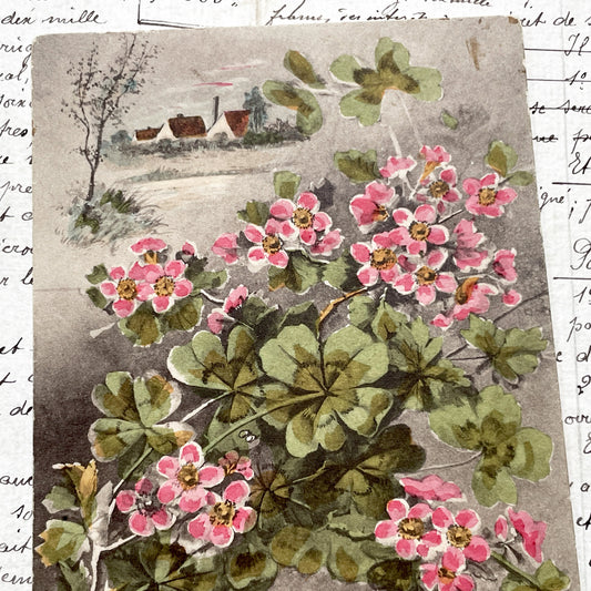1900s - Antique French Postcard - Je Porte Bonheur Lucky Clover Pink Flowers Vintage Illustration Art Nouveau Era Good Luck Collectible.