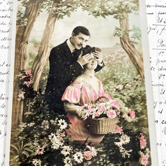 1910s - French Colored Photo Postcard - Edwardian Couple Guess Who Love Scene - Romantic Vintage Ephemera Collectible Art Print