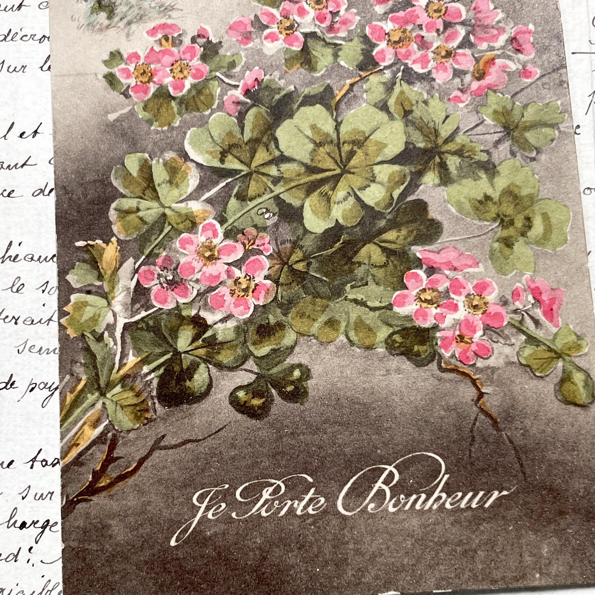 1900s - Antique French Postcard - Je Porte Bonheur Lucky Clover Pink Flowers Vintage Illustration Art Nouveau Era Good Luck Collectible.