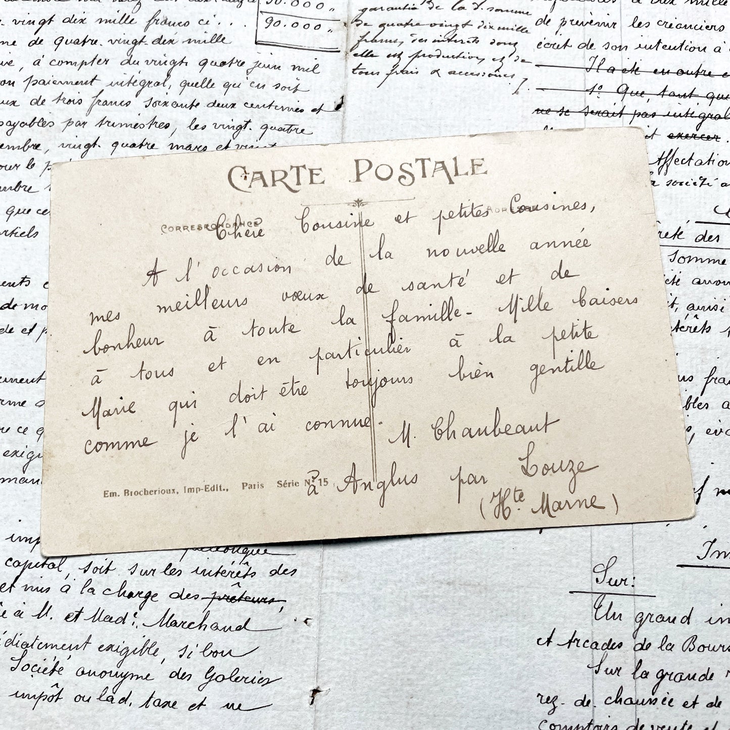 1900s - Antique French Postcard - Je Porte Bonheur Lucky Clover Pink Flowers Vintage Illustration Art Nouveau Era Good Luck Collectible.