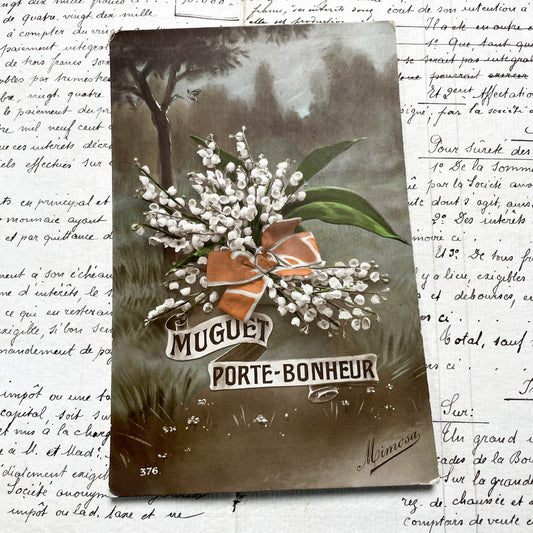 1910s - French Lily of the Valley Postcard - Vintage Floral Muguet Good Luck Card - Porte-Bonheur - Collectible European Ephemera Art