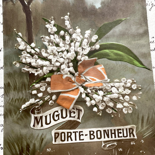 1910s - French Lily of the Valley Postcard - Vintage Floral Muguet Good Luck Card - Porte-Bonheur - Collectible European Ephemera Art