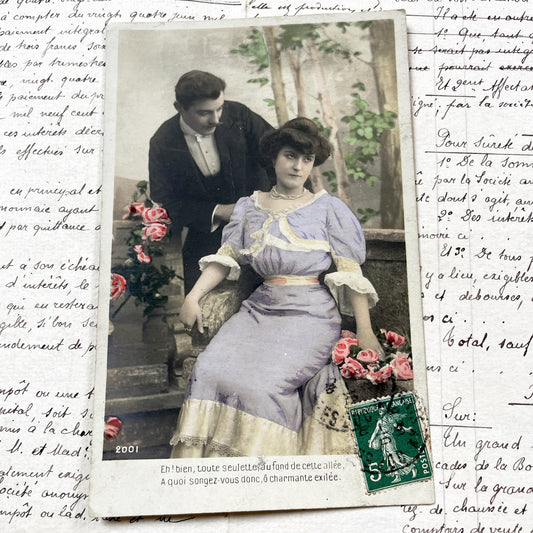 1900s - Antique French Hand-Colored Photo Postcard - Elegant Woman - Melancholy Garden Scene - Belle Époque Romance - Vintage Fine Art
