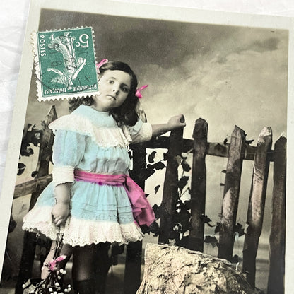 1910s - Vintage French Postcard - Young Girl with Mistletoe - Hand-Tinted Christmas Greeting - Rustic Scene - Aero Publisher Collectible